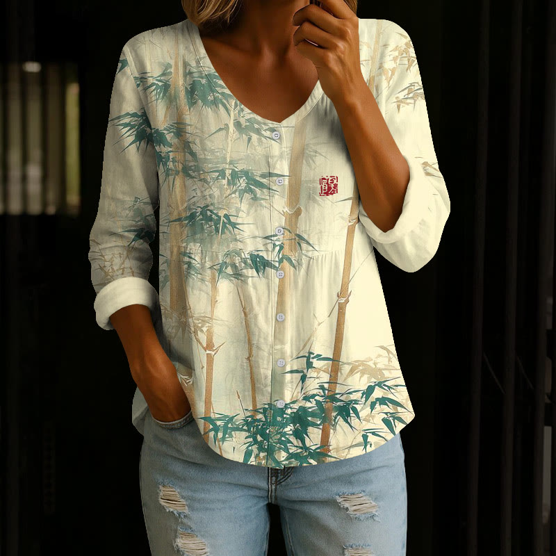 Vintage Sumi-e Dense Bamboo Grove Art Print Button V-neck A-line Long Sleeve Blouse - Yellow - 4XL - image 1