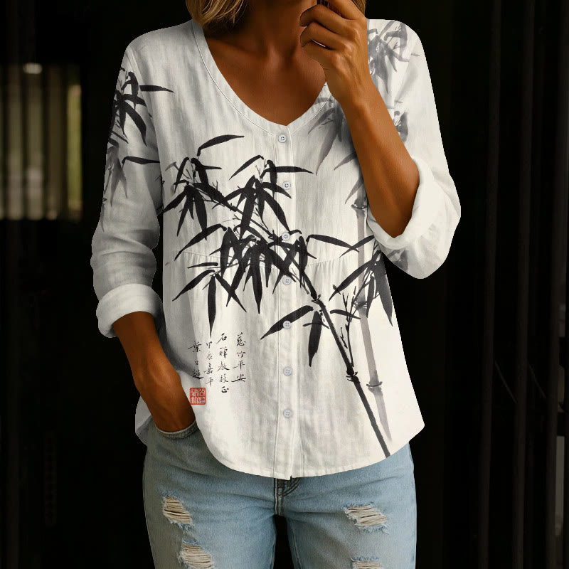 Vintage Sumi-e Bamboo And Poetry Art Print Button V-neck A-line Long Sleeve Blouse - Apricot - 4XL - image 1