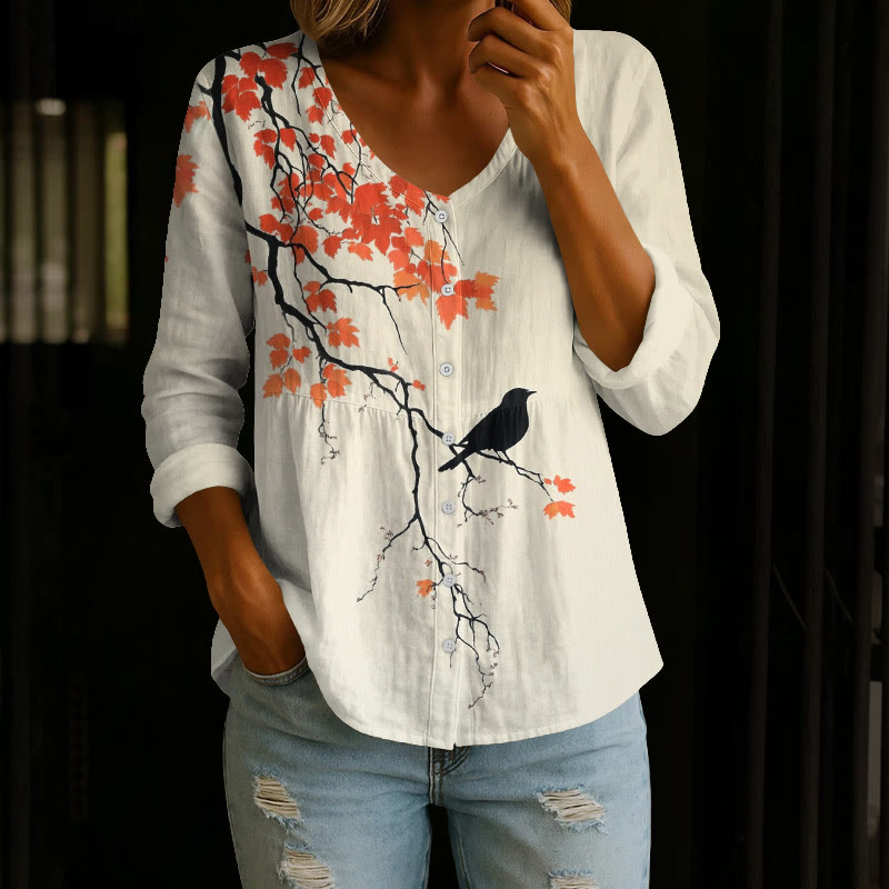 Japanese Vintage Red Maple Tree And Bird Art Print Button V-neck A-line Long Sleeve Blouse - Apricot - 4XL - image 1