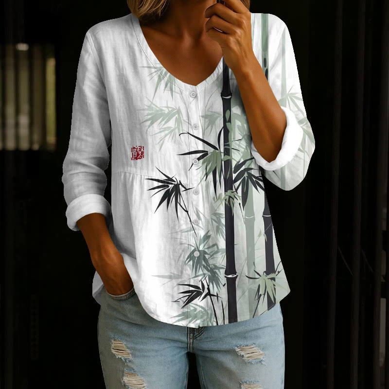 Japanese Vintage Bamboo And Silhouettes Art Print Button V-neck A-line Long Sleeve Blouse - White - 4XL - image 1