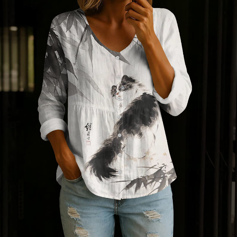 Vintage Sumi-e Bamboo And Cat Art Print Button V-neck A-line Long Sleeve Blouse - White - 4XL - image 1