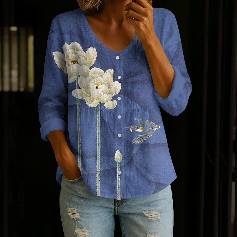 Japanese Vintage Lotus And The Flying Bird Art Print Button V-neck A-line Long Sleeve Blouse - Dark Blue - 4XL - image 1