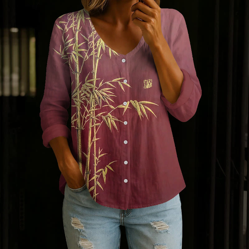Vintage Gold Leaf Bamboo Art Print Button V-neck A-line Long Sleeve Blouse - Red - 4XL - image 2