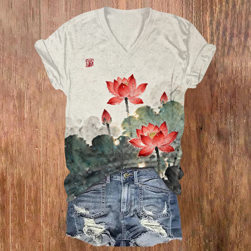 Vintage Sumi-e Red Lotus Ink Painting Pattern Print Short Sleeved V-neck T-shirt - Apricot - US32-34(5XL) - image 1