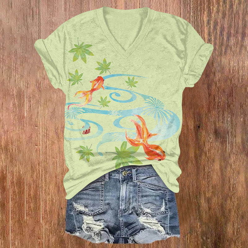 Japanese Vintage  Goldfishes And Maple Leaves Pattern Print Short Sleeved V-neck T-shirt - Light Green - US32-34(5XL) - image 1