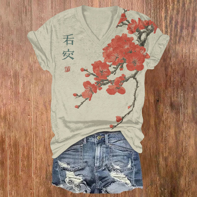 Japanese Vintage  Red Cherry Blossoms Pattern Print Short Sleeved V-neck T-shirt - Apricot - US32-34(5XL) - image 1