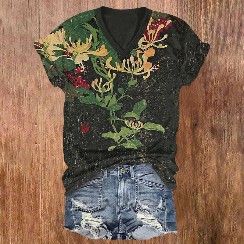 Japanese Vintage  Honeysuckle Pattern Print Short Sleeved V-neck T-shirt - Black - US32-34(5XL) - image 1