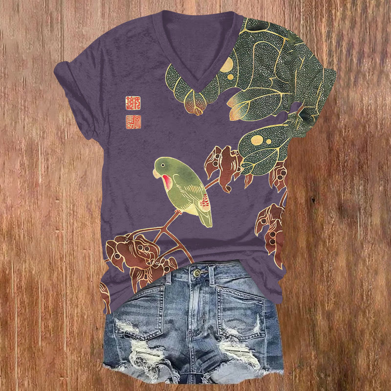 Japanese Vintage Parrot Pattern Print Short Sleeved V-neck T-shirt - Purple - US32-34(5XL) - image 1