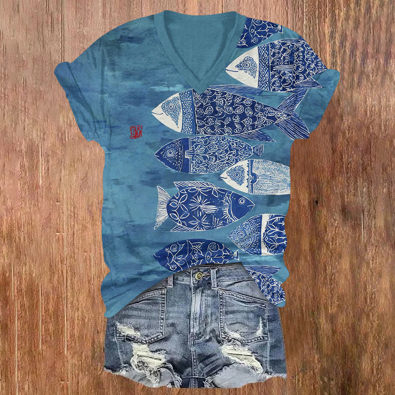 Japanese Vintage Fishes Woodblock Pattern Print Short Sleeved V-neck T-shirt - Blue - US32-34(5XL) - image 1