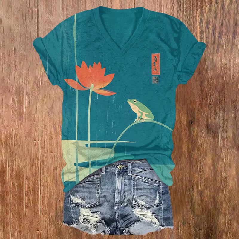 Japanese Vintage The Frog And The Lotus Pattern Print Short Sleeved V-neck T-shirt - Green - US32-34(5XL) - image 2