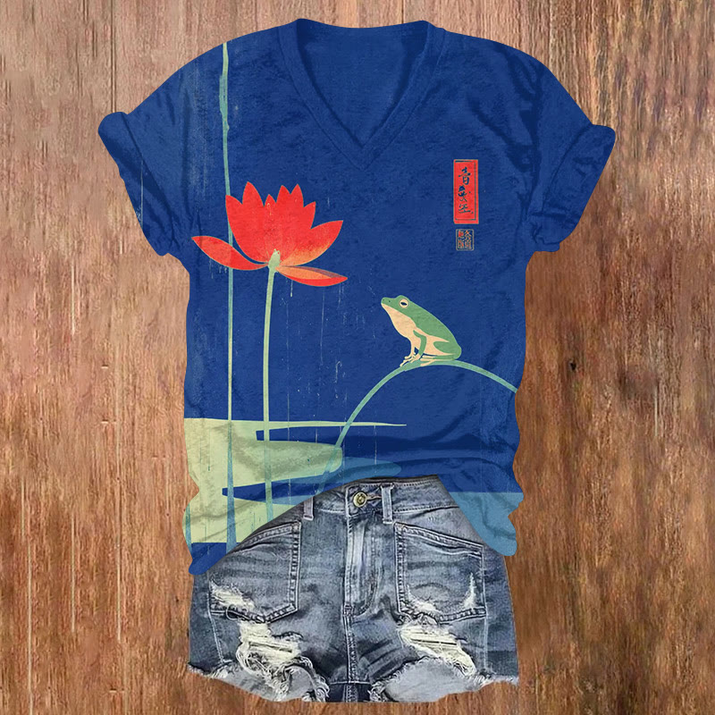Japanese Vintage The Frog And The Lotus Pattern Print Short Sleeved V-neck T-shirt - Royal Blue - US32-34(5XL) - image 1