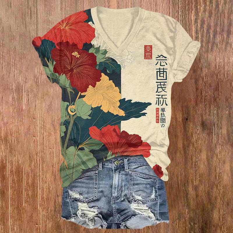 Japanese Vintage Mystic Hibiscus Pattern Print Short Sleeved V-neck T-shirt - Apricot - US32-34(5XL) - image 1