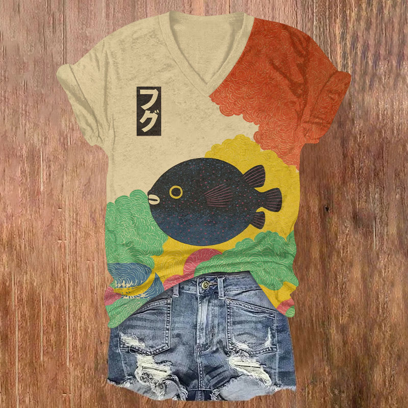 Japanese Vintage Spotted Fish Pattern Print Short Sleeved V-neck T-shirt - Apricot - US32-34(5XL) - image 1