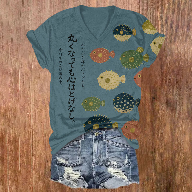 Japanese Vintage Pufferfishes Pattern Print Short Sleeved V-neck T-shirt - Blue - US32-34(5XL) - image 1