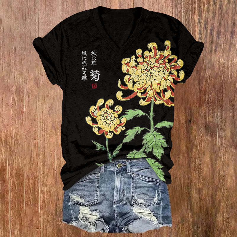 Japanese Vintage Chrysanthemum Pattern Print Short Sleeved V-neck T-shirt - Black - US32-34(5XL) - image 2