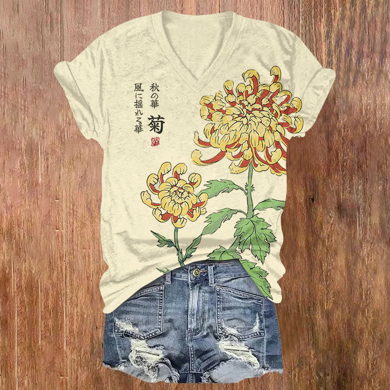 Japanese Vintage Chrysanthemum Pattern Print Short Sleeved V-neck T-shirt - Yellow - US32-34(5XL) - image 1