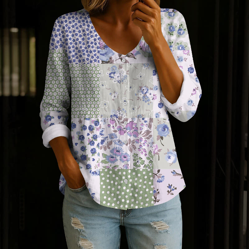 Pastoral Romantic Floral Patchwork Print Button V-neck A-line Long Sleeve Blouse - Light Gray - 4XL - image 3