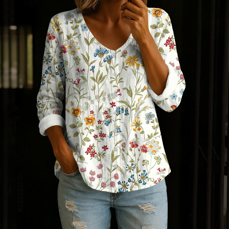 Pastoral Watercolor Flowers And Plants Print Button V-neck A-line Long Sleeve Blouse - Olive Green - US 26-28 (4XL) - image 3