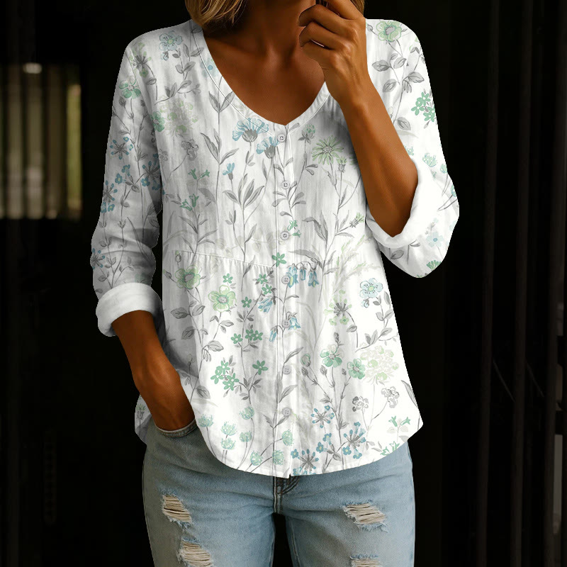 Pastoral Watercolor Flowers And Plants Print Button V-neck A-line Long Sleeve Blouse - Light Green - US 26-28 (4XL) - image 2