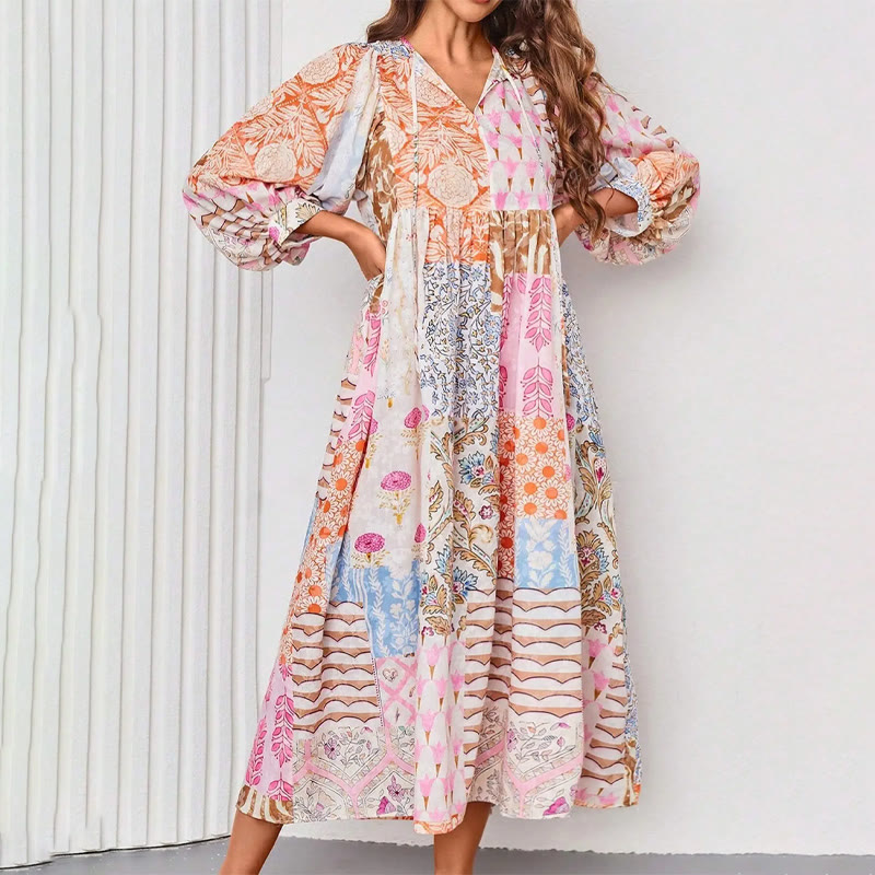 Boho Ethnic Patchwork Patterns Lace-up V-neck Lantern Sleeves Maxi Dress - Pink - 3XL - image 1