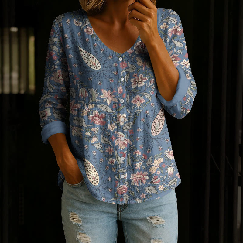 Vintage Floral Pattern Print Button V-neck A-line Long Sleeve Blouse - Blue - 4XL - image 2