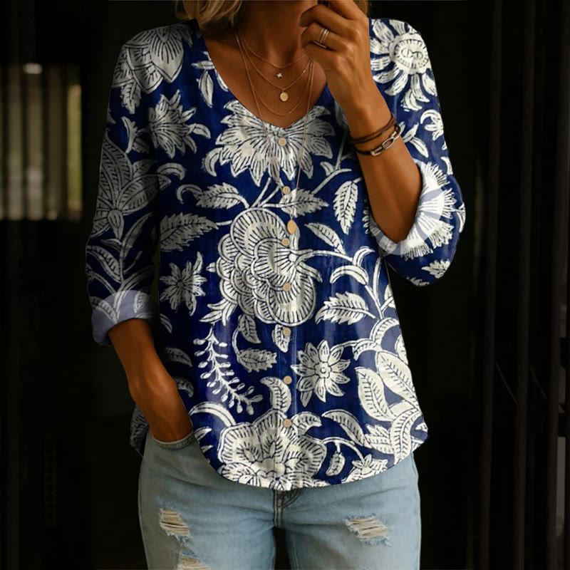Vintage Boho Floral  Print Button V-neck A-line Long Sleeve Blouse - Navy Blue - 4XL - image 1