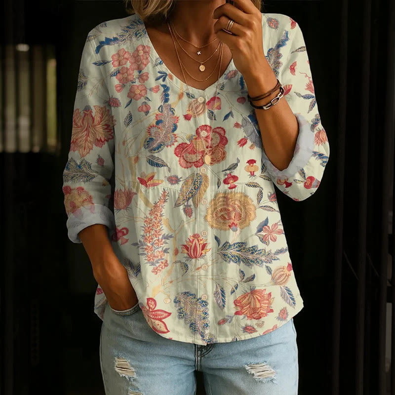 Vintage  Ethnic Wildflowers Print Button V-neck A-line Long Sleeve Blouse - Light Green - 4XL - image 1