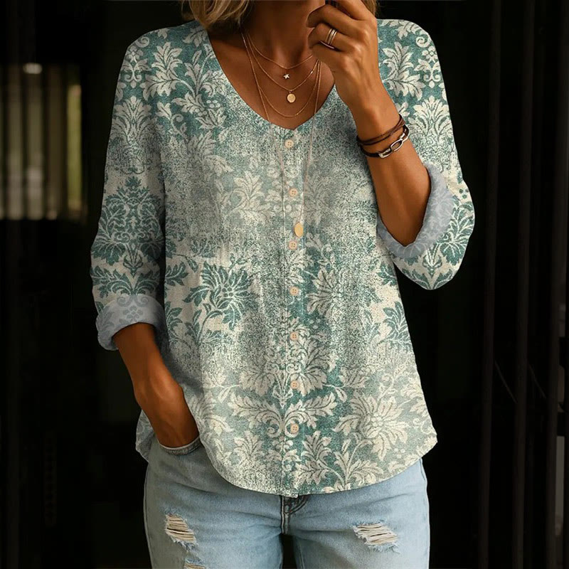 Vintage Ethnic Floral Acanthus Gradient Pattern Print Button V-neck A-line Long Sleeve Blouse - Light Green - 4XL - image 1