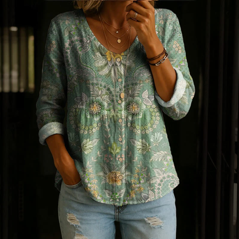 Vintage Ethnic Wildflowers Pattern Print Button V-neck A-line Long Sleeve Blouse - Light Green - 4XL - image 1