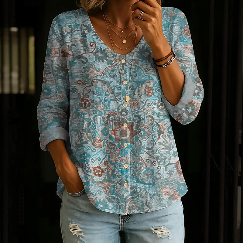 Vintage Ethnic Geometry Pattern Print Button V-neck A-line Long Sleeve Blouse - Light Blue - 4XL - image 1