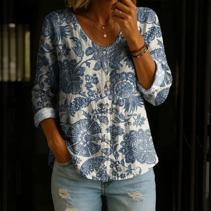 Vintage Ethnic Flowers And Fruits Pattern Print Button V-neck A-line Long Sleeve Blouse - Dark Blue - 4XL - image 1