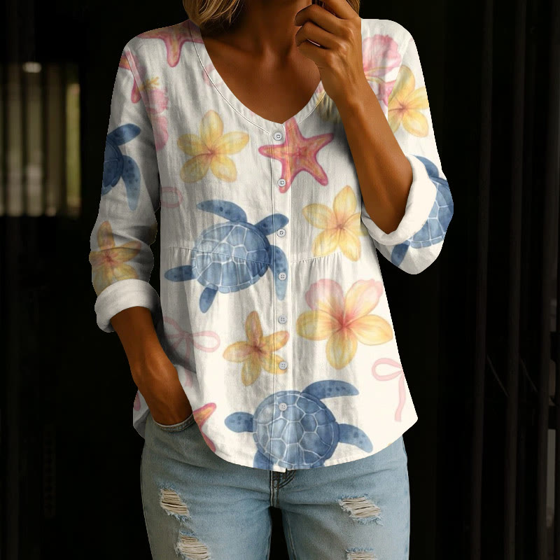 Ocean Watercolor Sea Turtle And Frangipani Pattern Print Button V-neck A-line Long Sleeve Blouse - White - 4XL - image 1