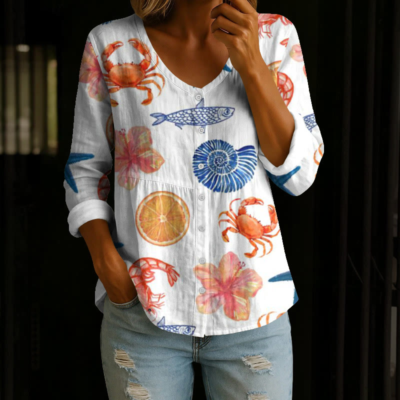 Beach Vacation Tropical Crabs And Shells Pattern Print Button V-neck A-line Long Sleeve Blouse - White - 4XL - image 1