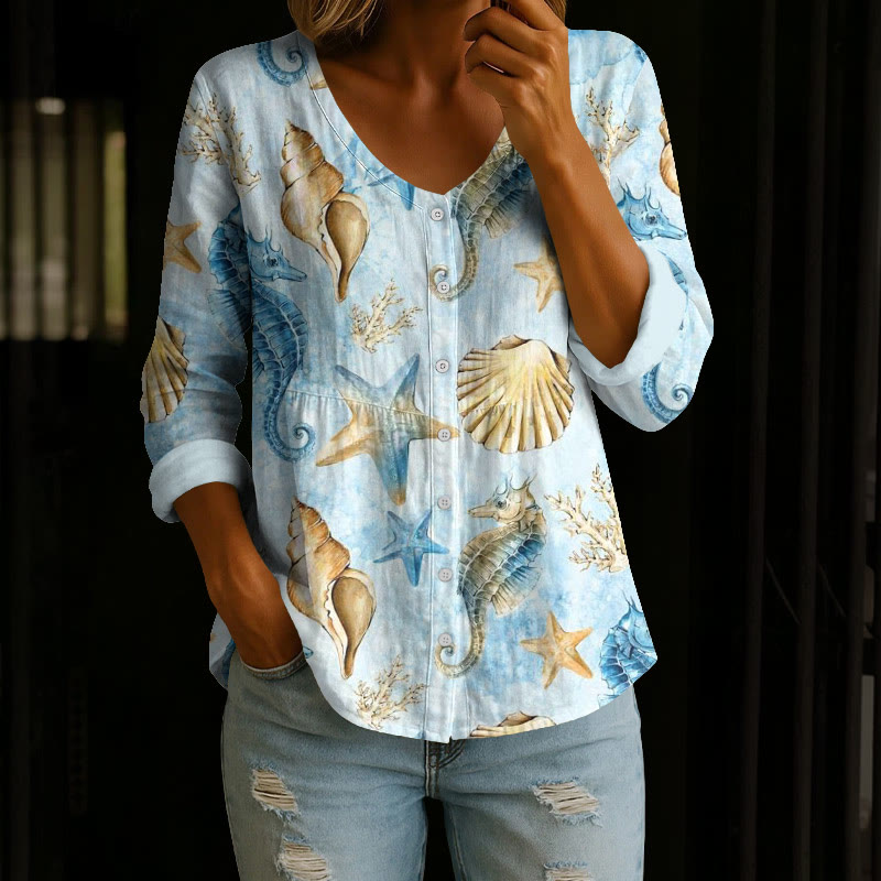 Ocean Seahorse And Shell Pattern Print Button V-neck A-line Long Sleeve Blouse - Light Blue - 4XL - image 1