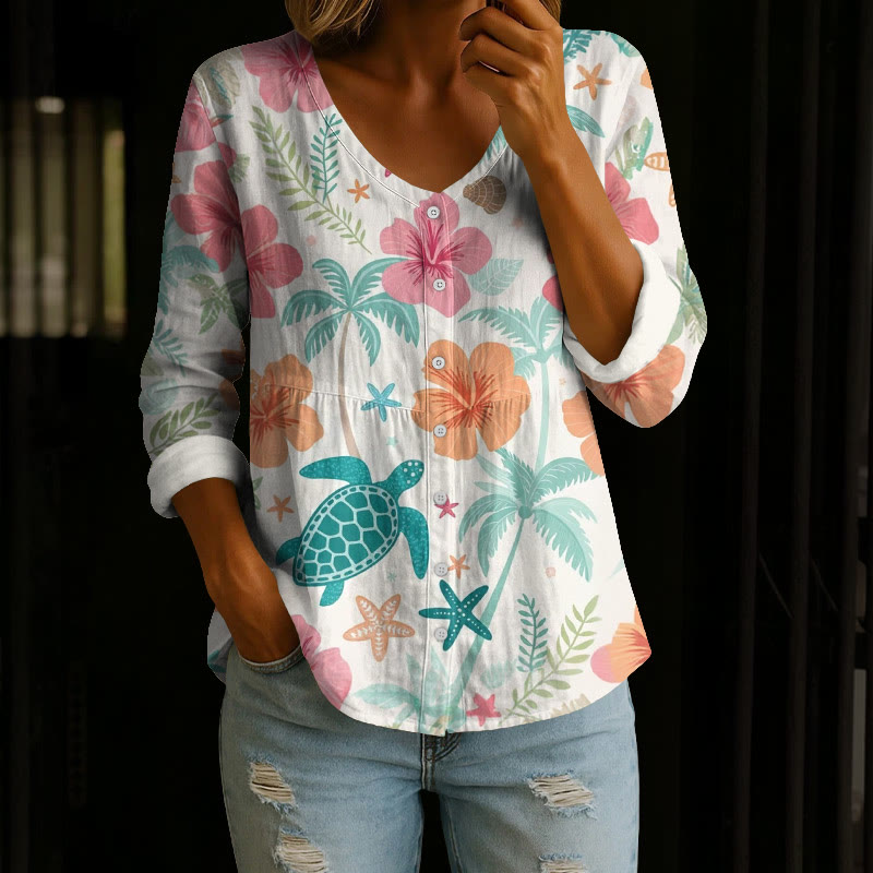 Beach Tropical Palm Turtle Pattern Print Button V-neck A-line Long Sleeve Blouse - White - 4XL - image 1