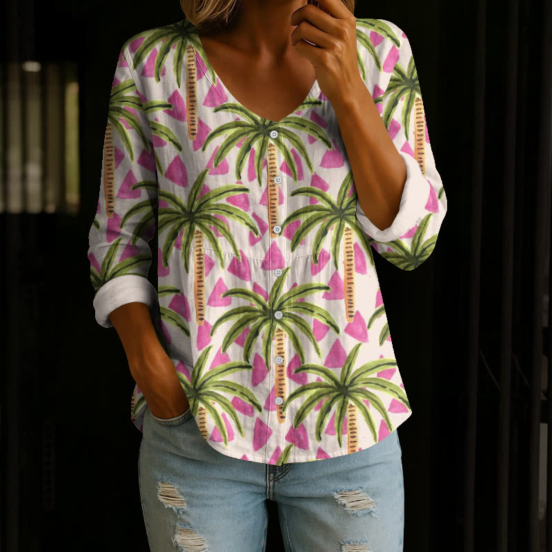 Beach Tropical Watercolor Palms Pattern Print Button V-neck A-line Long Sleeve Blouse - Rose - 4XL - image 1