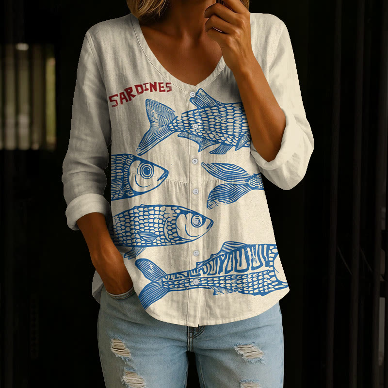 Ocean Watercolor Sardines Pattern Print Button V-neck A-line Long Sleeve Blouse - Apricot - 4XL - image 1