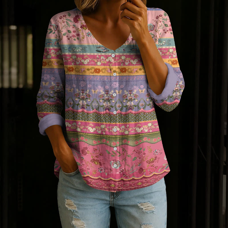 Vintage Ethnic Floral Stripes Pattern Print Button V-neck A-line Long Sleeve Blouse - Pink - 4XL - image 1