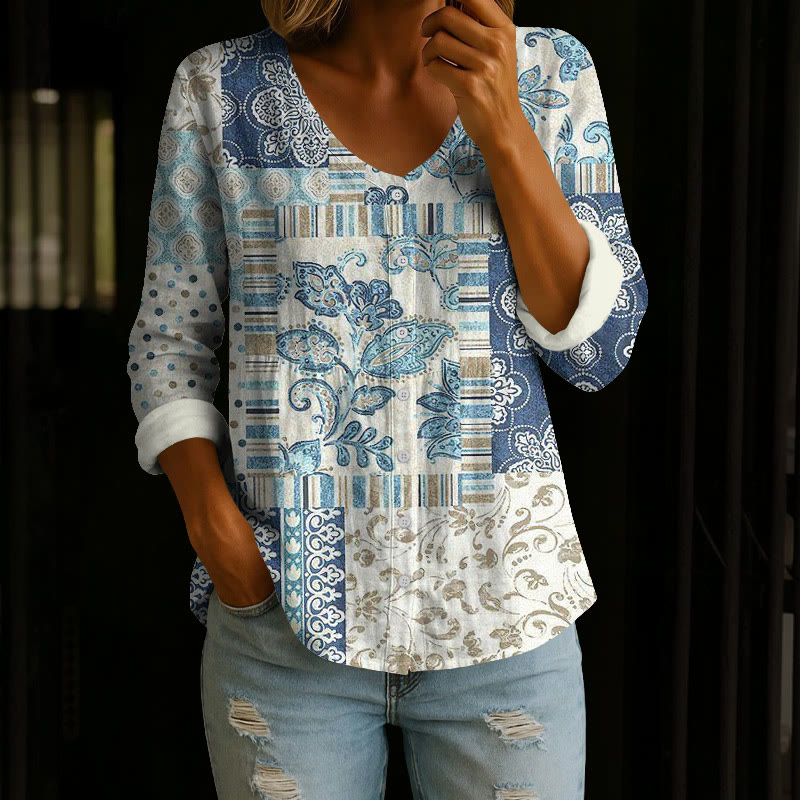 Boho Vintage Ethnic Wildflower Patchwork Pattern Print Button V-neck A-line Long Sleeve Blouse - Apricot - 4XL - image 1