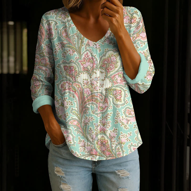 Boho Vintage Ethnic Paisley Wildflowers Pattern Print Button V-neck A-line Long Sleeve Blouse - Light Green - 4XL - image 1