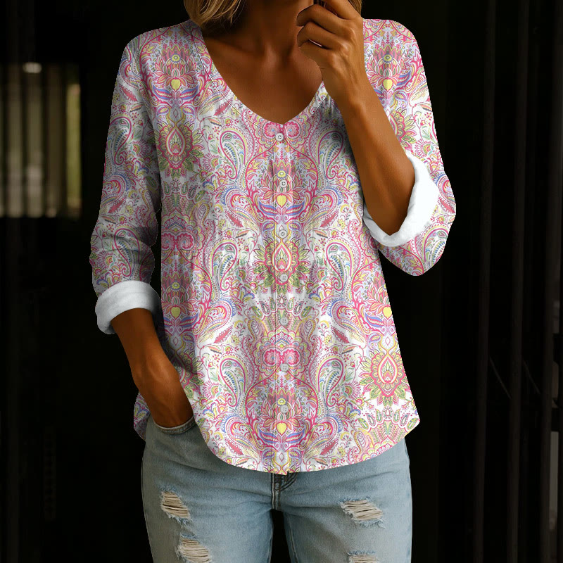 Boho Vintage Tribal-wild Paisley Florals Pattern Print Button V-neck A-line Long Sleeve Blouse - Pink - 4XL - image 3