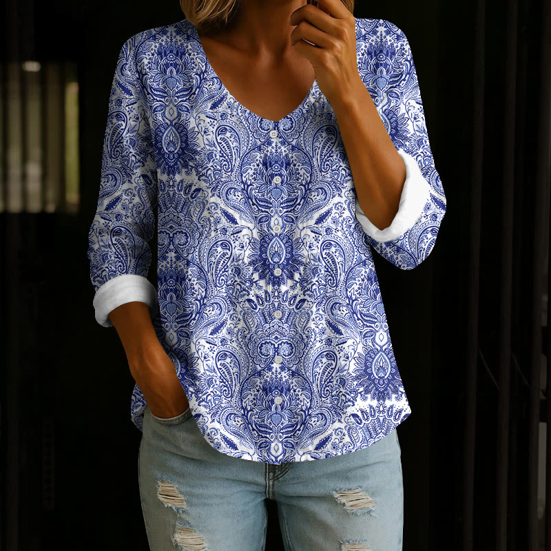 Boho Vintage Tribal-wild Paisley Florals Pattern Print Button V-neck A-line Long Sleeve Blouse - Dark Blue - 4XL - image 2