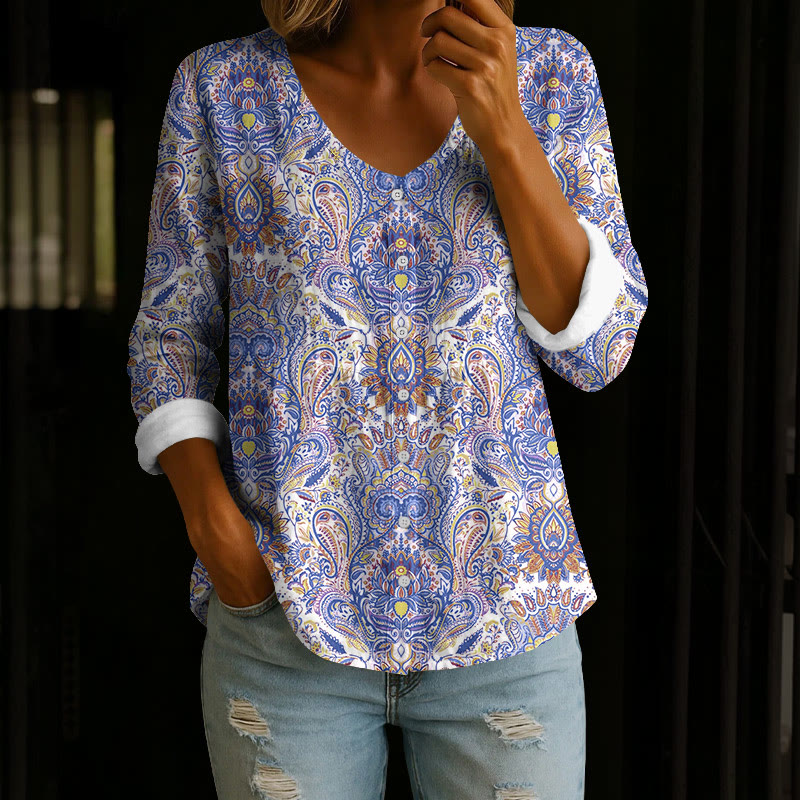 Boho Vintage Tribal-wild Paisley Florals Pattern Print Button V-neck A-line Long Sleeve Blouse - Blue - 4XL - image 1