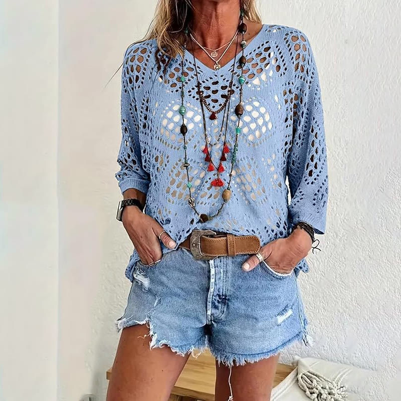 Beach Diamond Cutout Batwing Sleeve V-Neck Cover-up T-Shirt - Light Blue - 5XL - image 4