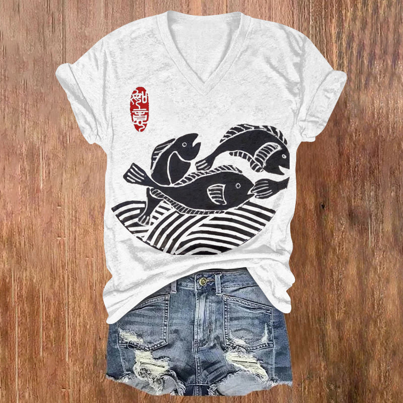 Japanese Zen-style Simple Fish And Waves Printed Short Sleeved V-neck T-shirt - Light Gray - US32-34(5XL) - image 2