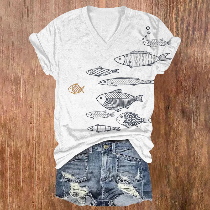 Japanese-style Group Sketch Of Fish Printed Short Sleeved V-neck T-shirt - Light Gray - US32-34(5XL) - image 2