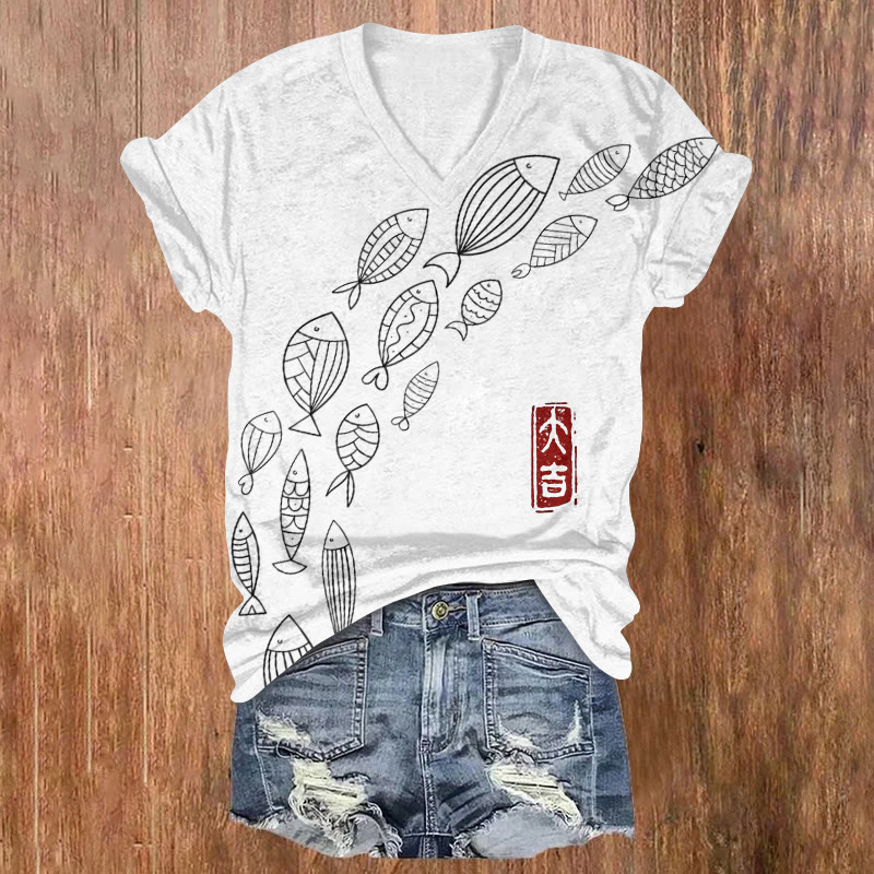 Japanese-style Simple Fish Swimming Upstream Printed Short Sleeved V-neck T-shirt - Light Gray - US32-34(5XL) - image 2