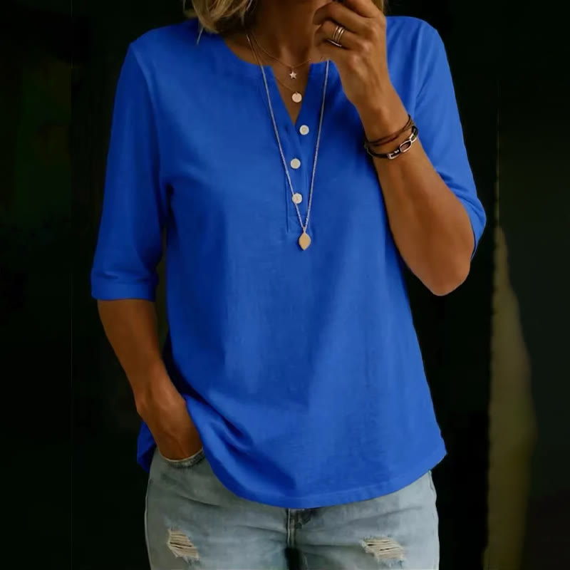 Simple Cozy Henley-collar Mid-sleeve Cotton T-shirt - Blue - US32-34(5XL) - image 1