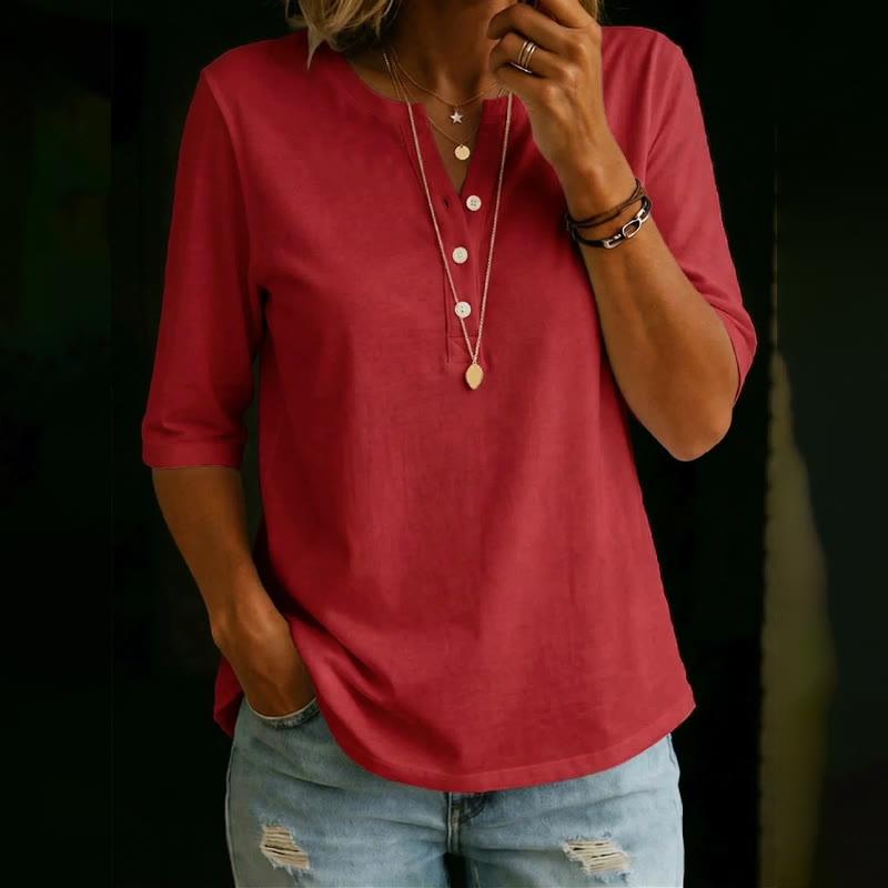 Simple Cozy Henley-collar Mid-sleeve Cotton T-shirt - Wine - US32-34(5XL) - image 5