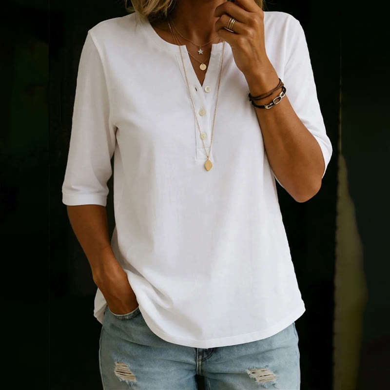 Simple Cozy Henley-collar Mid-sleeve Cotton T-shirt - White - US32-34(5XL) - image 2